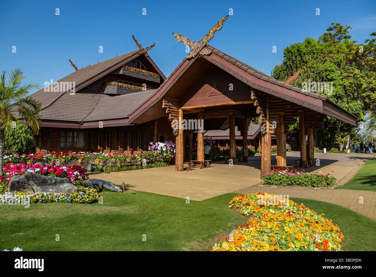 Des arbres ornés et des jardins fleuris luxuriants rehaussent l'architecture Lanna et suisse de la Villa royale Doi Tung à l'intérieur de l'attraction touristique Doi Tung à CH Banque D'Images