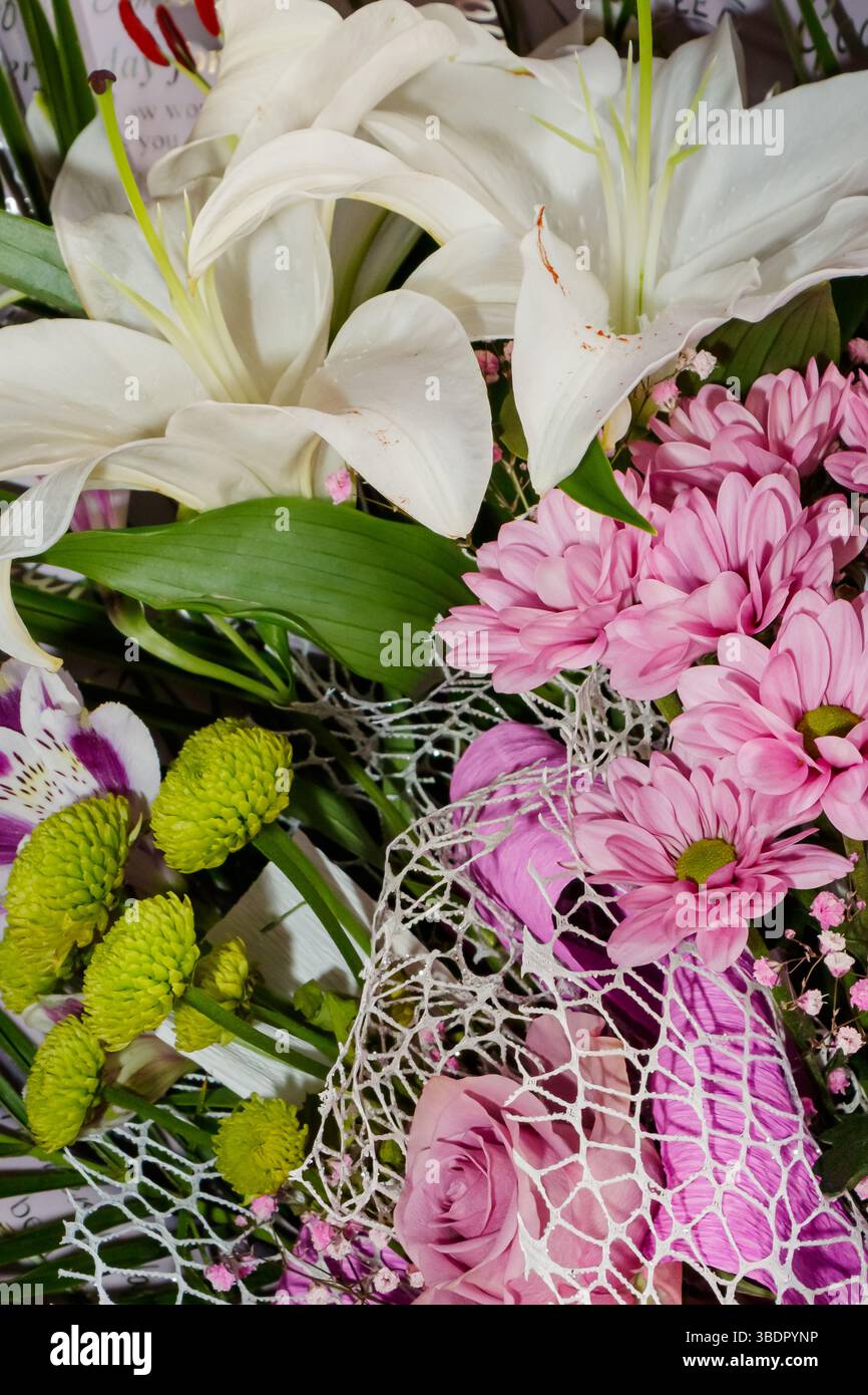 Bouquet vibrant avec lys blancs, marguerites roses et autres fleurs colorées disposées avec soin. Banque D'Images