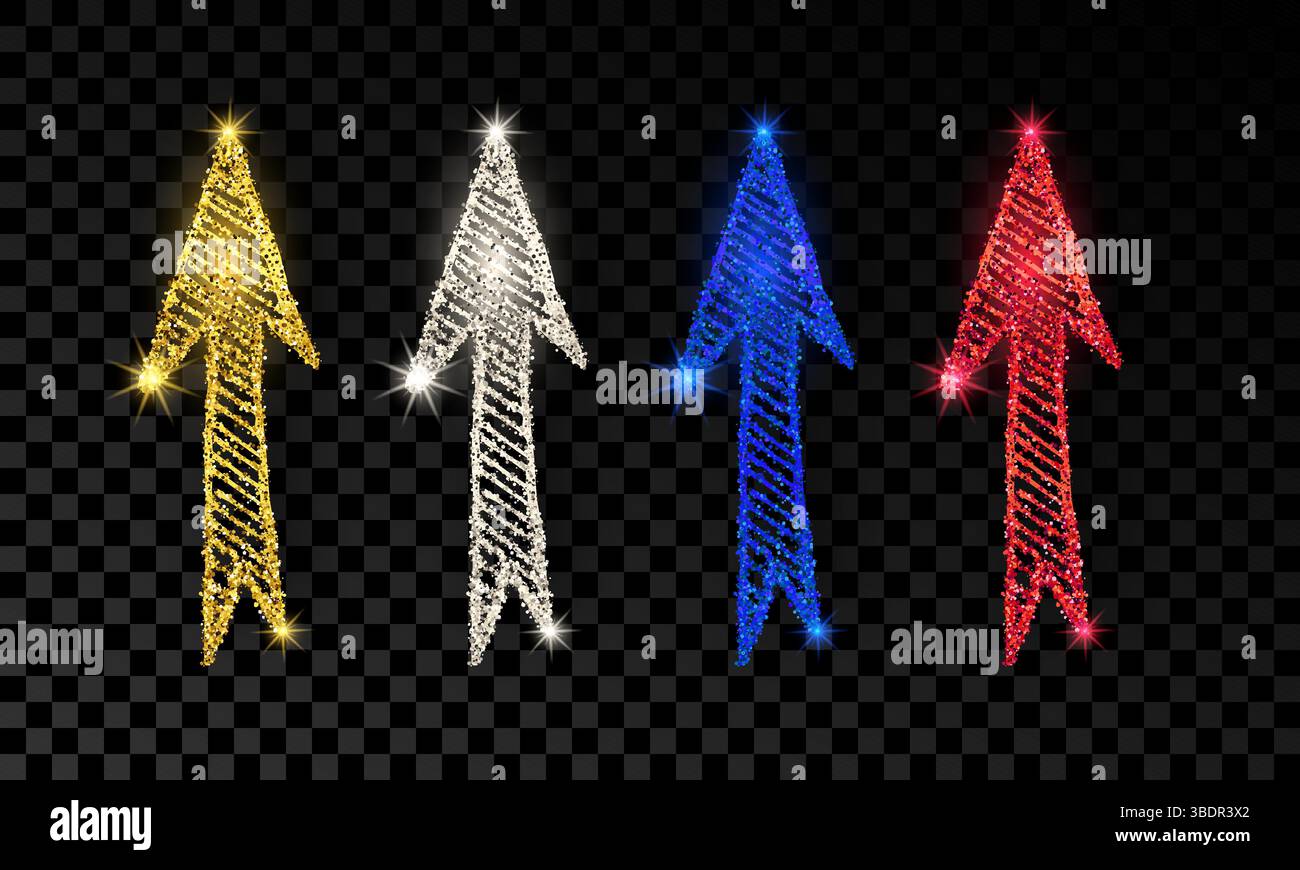 Ensemble de quatre flèches dessinées à la main de doodle avec effet de paillettes dorées, argentées, bleues et rouges sur fond transparent foncé. Illustration vectorielle Illustration de Vecteur