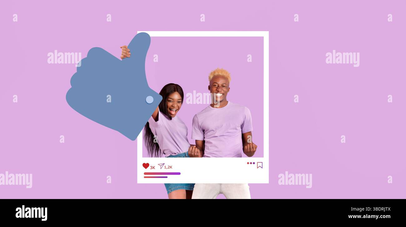Les influenceurs engagés célèbrent le succès des médias sociaux avec un geste du pouce vers le haut Banque D'Images