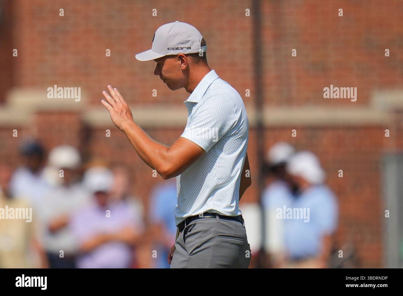 Matti Schmid reacts after making a birdie putt on the 16th hole during the final round of the Charles Schwab Challenge golf tournament at Colonial Country Club in Fort Worth, Texas, Sunday, May 25, 2025. (AP Photo/Julio Cortez) Banque D'Images
