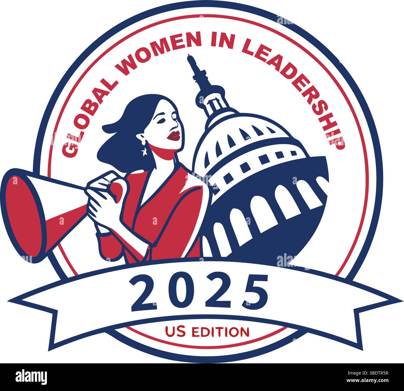 Journée mondiale des femmes au leadership 2025 – logos Mascot édition US avec conférencières féminines habilitées et symboles du Capitole des États-Unis Illustration de Vecteur