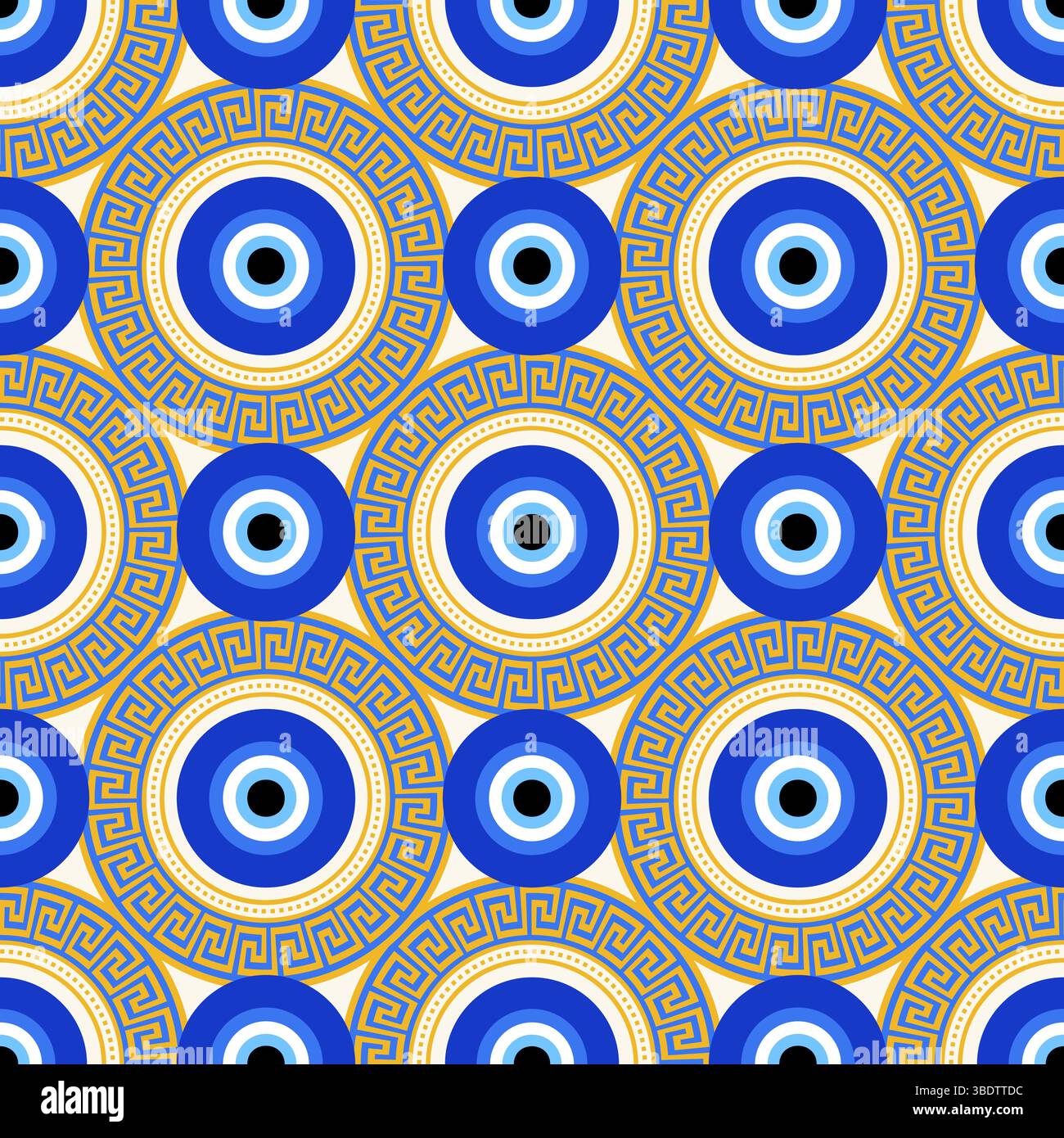 Motif mauvais oeil sans couture. Perle bleue turque avec méandre. Fond magique de vecteur grec avec le symbole ethnique nazar de protection et de chance. Traditionnel Illustration de Vecteur