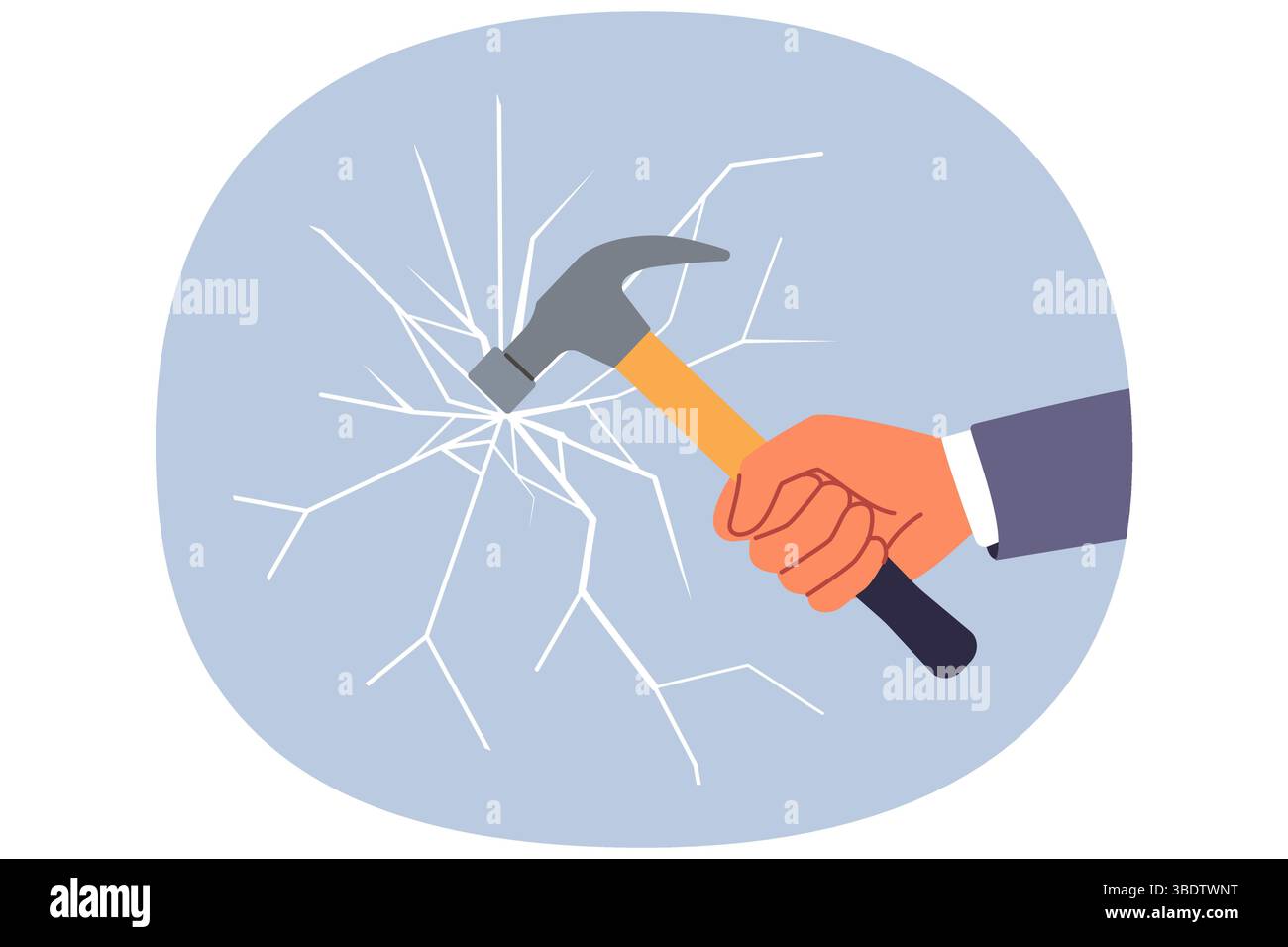 Le verre se brise du coup du marteau tenu par l'homme de main essayant de détruire la cloison de miroir inutile Illustration de Vecteur