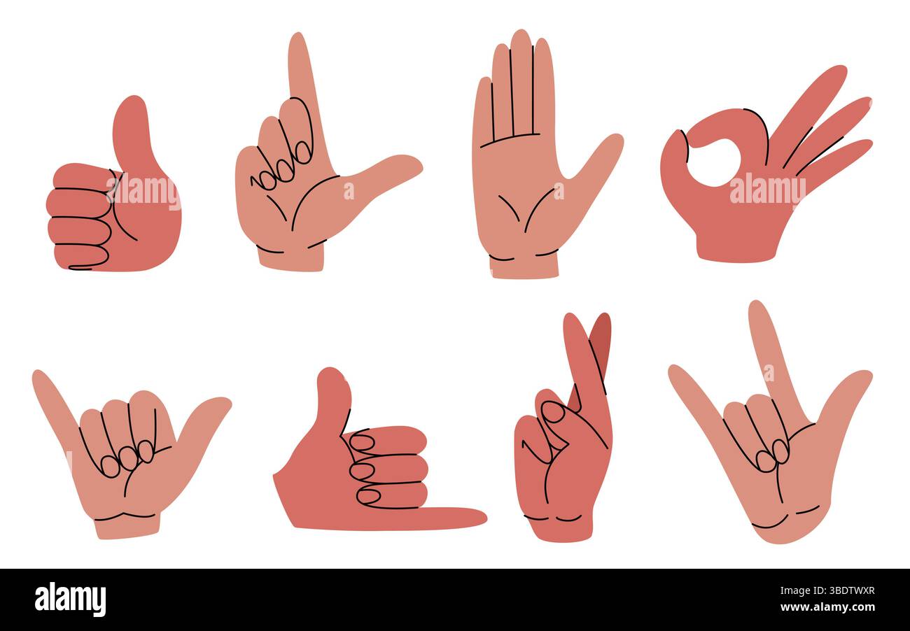 Doodle croquis gestes de la main - pouces vers le haut signes OK, doigts croisés et shaka pendent des symboles lâches isolés sur blanc. Jeu d'illustrations vectorielles simplistes pour les émoticônes d'expressions de communication non verbale Illustration de Vecteur