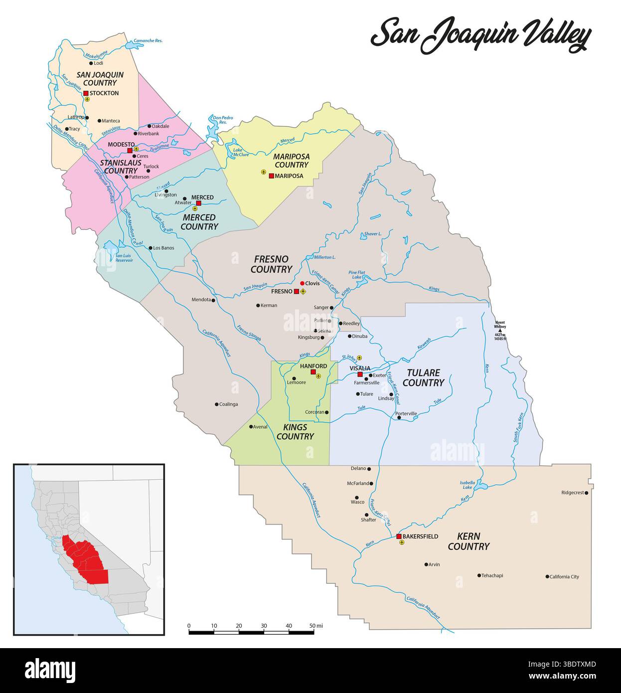Carte de la vallée de San Joaquin, Californie, États-Unis Banque D'Images