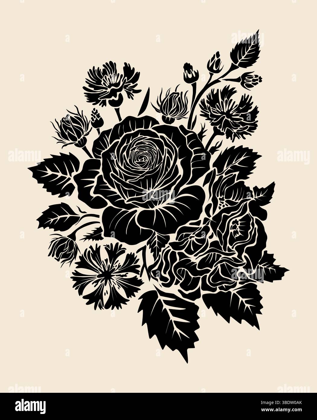 Élégante silhouette de bouquet floral noir avec des roses Illustration de Vecteur