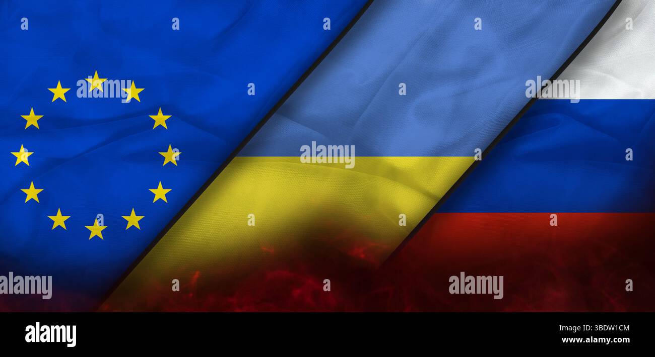 Ukraine, union européenne, drapeau textile de Russie. Abstrait relation politique internationale amitié gaz conflits concept fond d'écran texture. 3d Banque D'Images