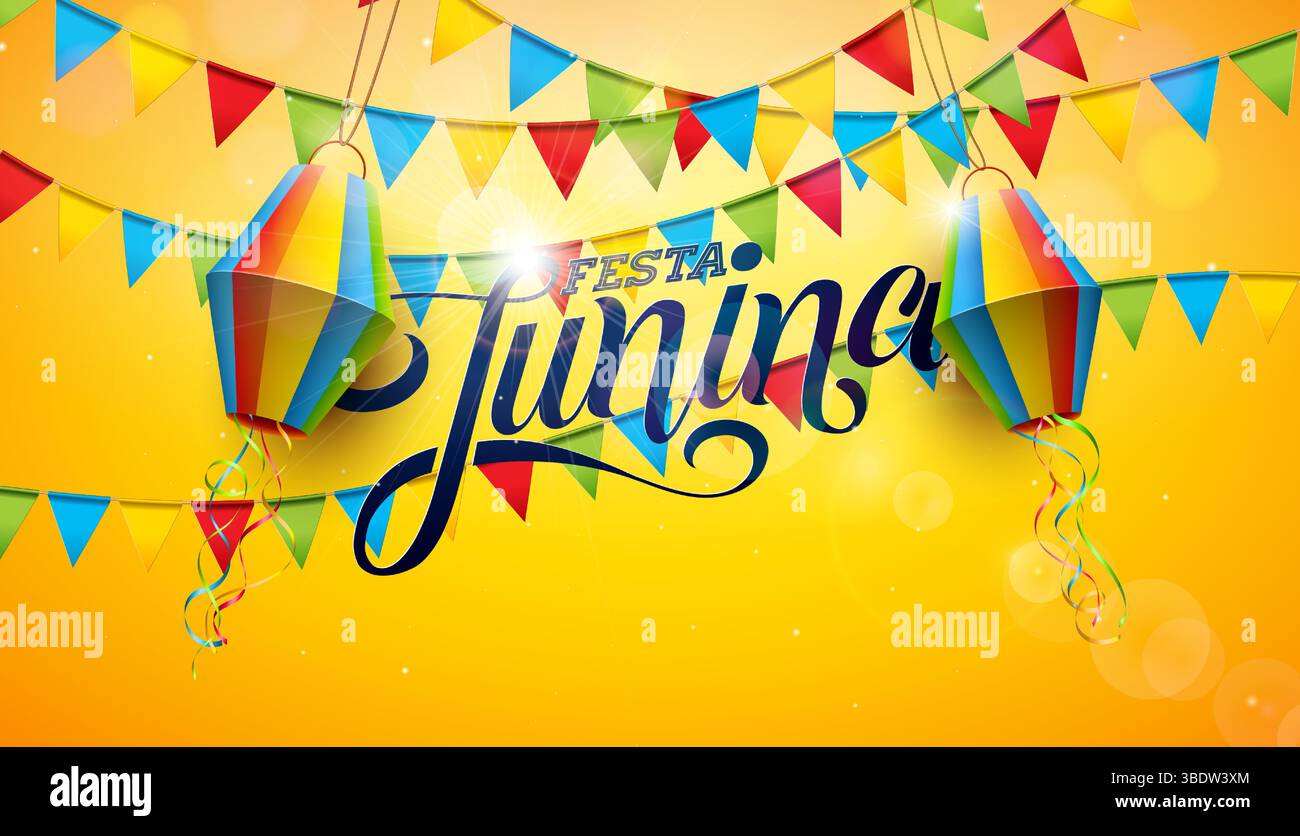 Conception de bannière Festa Junina avec drapeaux de fête, lanterne en papier et lettrage typographique sur fond confettis jaune tombant. Vecteur Brésil Sao Joao juin Illustration de Vecteur