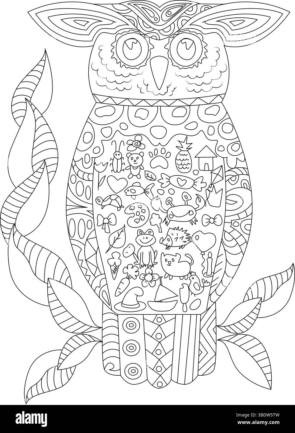 Illustration d'art de ligne noir et blanc d'un hibou décoratif rempli d'une variété de doodles fantaisistes, y compris des animaux, des objets et des motifs, parfait Illustration de Vecteur