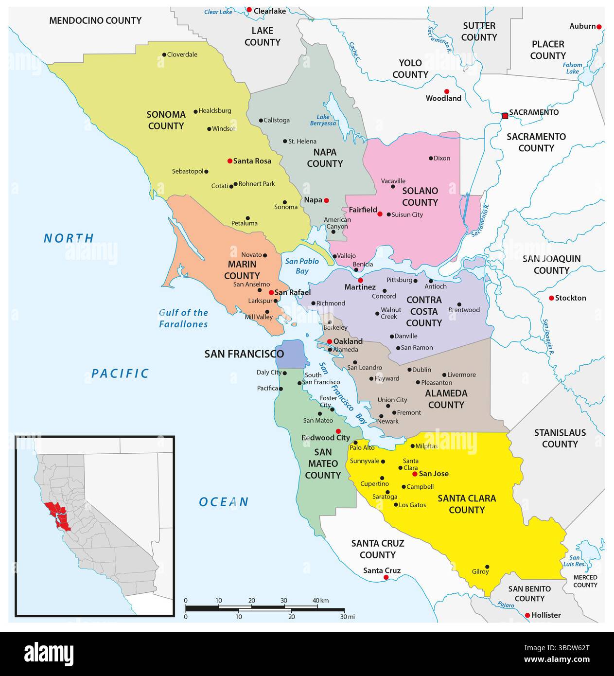 Carte administrative de la région de la Californie San Francisco Bay Area Banque D'Images