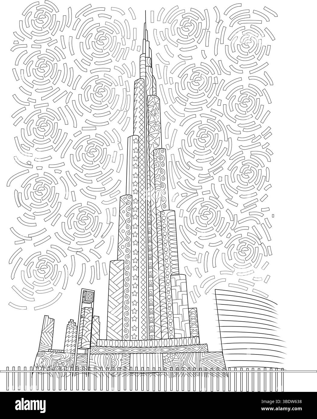 Illustration détaillée du dessin au trait de l'emblématique Burj Khalifa à Dubaï, Émirats arabes Unis, avec des motifs et des motifs complexes. Idéal pour la coloration Illustration de Vecteur
