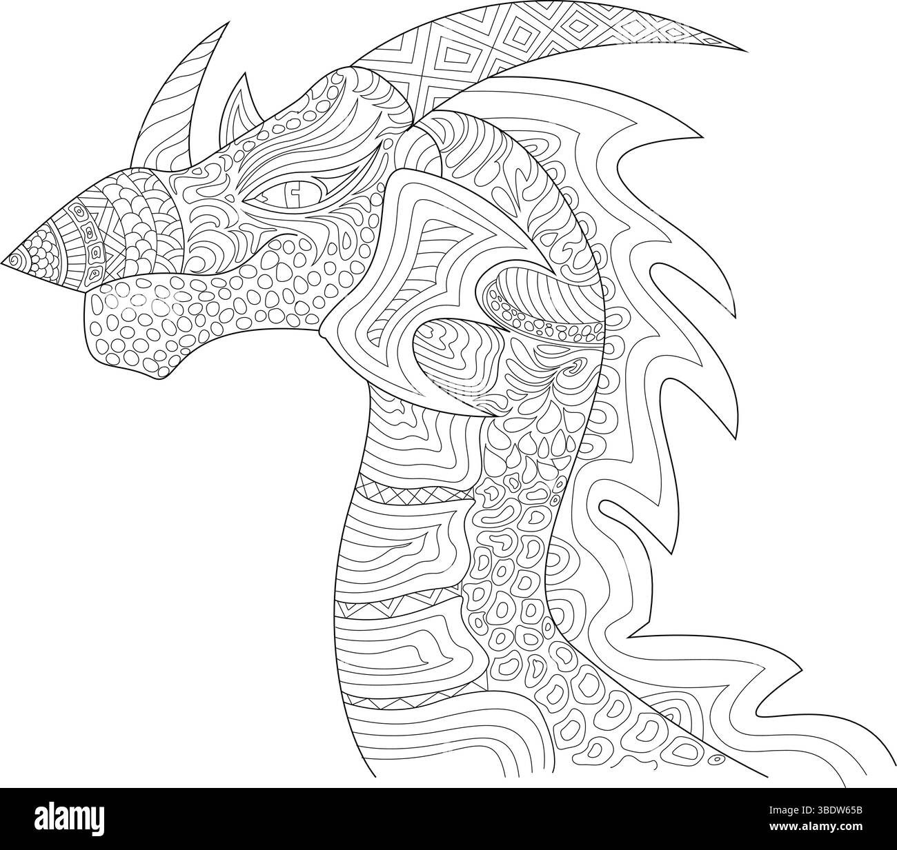 Illustration détaillée d'art au trait noir et blanc d'une tête de dragon dans la vue de profil, avec des motifs abstraits complexes et des dessins adaptés aux coloris Illustration de Vecteur