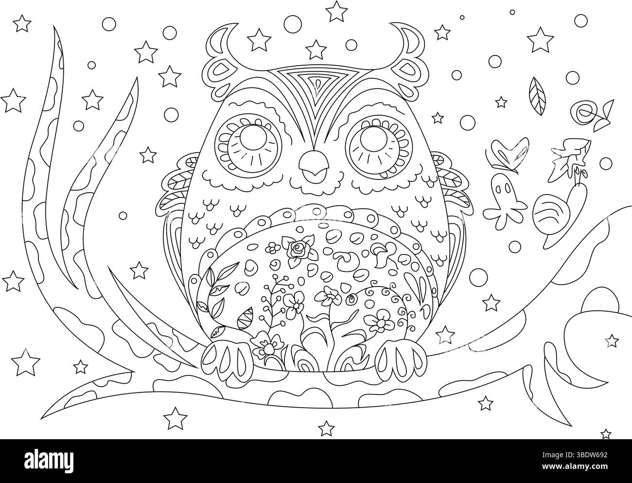 Illustration détaillée d'art de ligne noir et blanc d'un chouette doodle perché sur une branche sous un ciel étoilé. Avec des motifs complexes sur le hibou an Illustration de Vecteur
