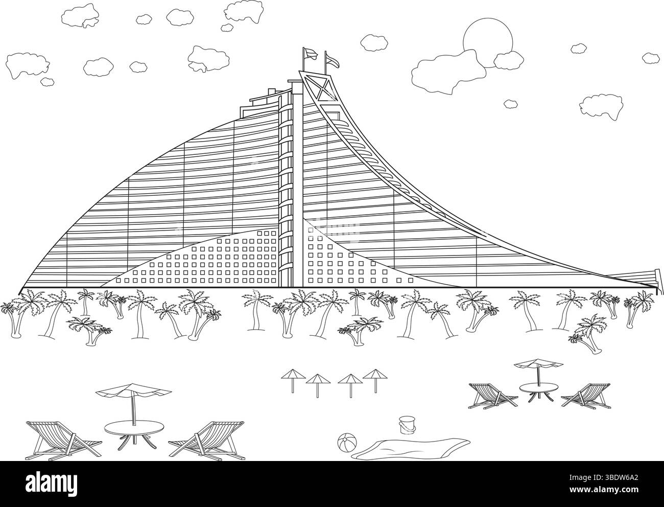 Illustration d'art au trait noir et blanc de Jumeirah Beach à Dubaï, avec le célèbre hôtel Burj Al Arab en arrière-plan, palmiers, chaises de plage, Illustration de Vecteur