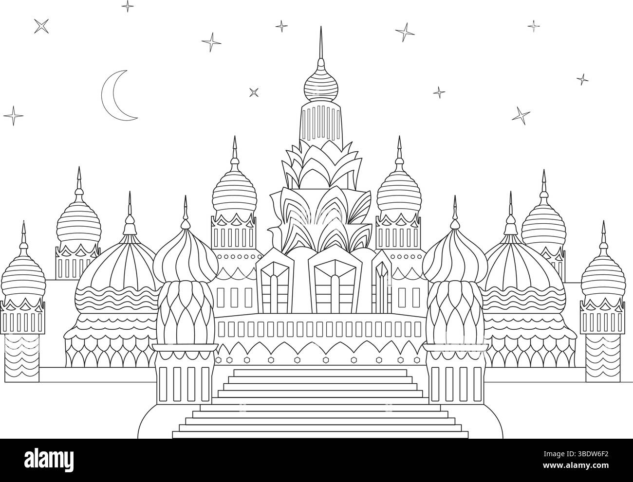 Dessin au trait noir et blanc illustration d'un complexe de construction de style fantastique avec plusieurs dômes, flèches et détails complexes. Comporte un croissant Illustration de Vecteur