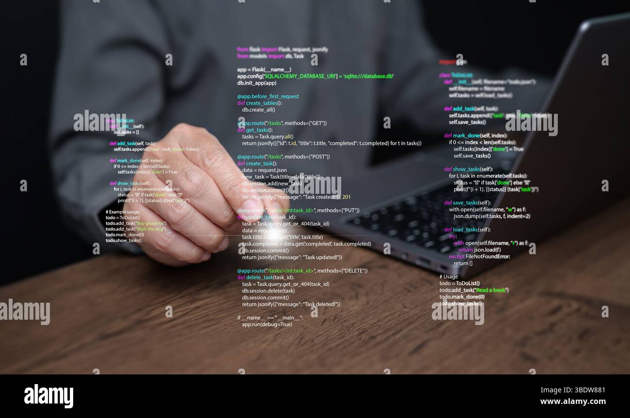 Mains d'un programmeur types sur un ordinateur portable affichant le code de programmation, symbolisant la technologie de codage, le développement de logiciels, les applications web. Solutions INFORMATIQUES, et Banque D'Images