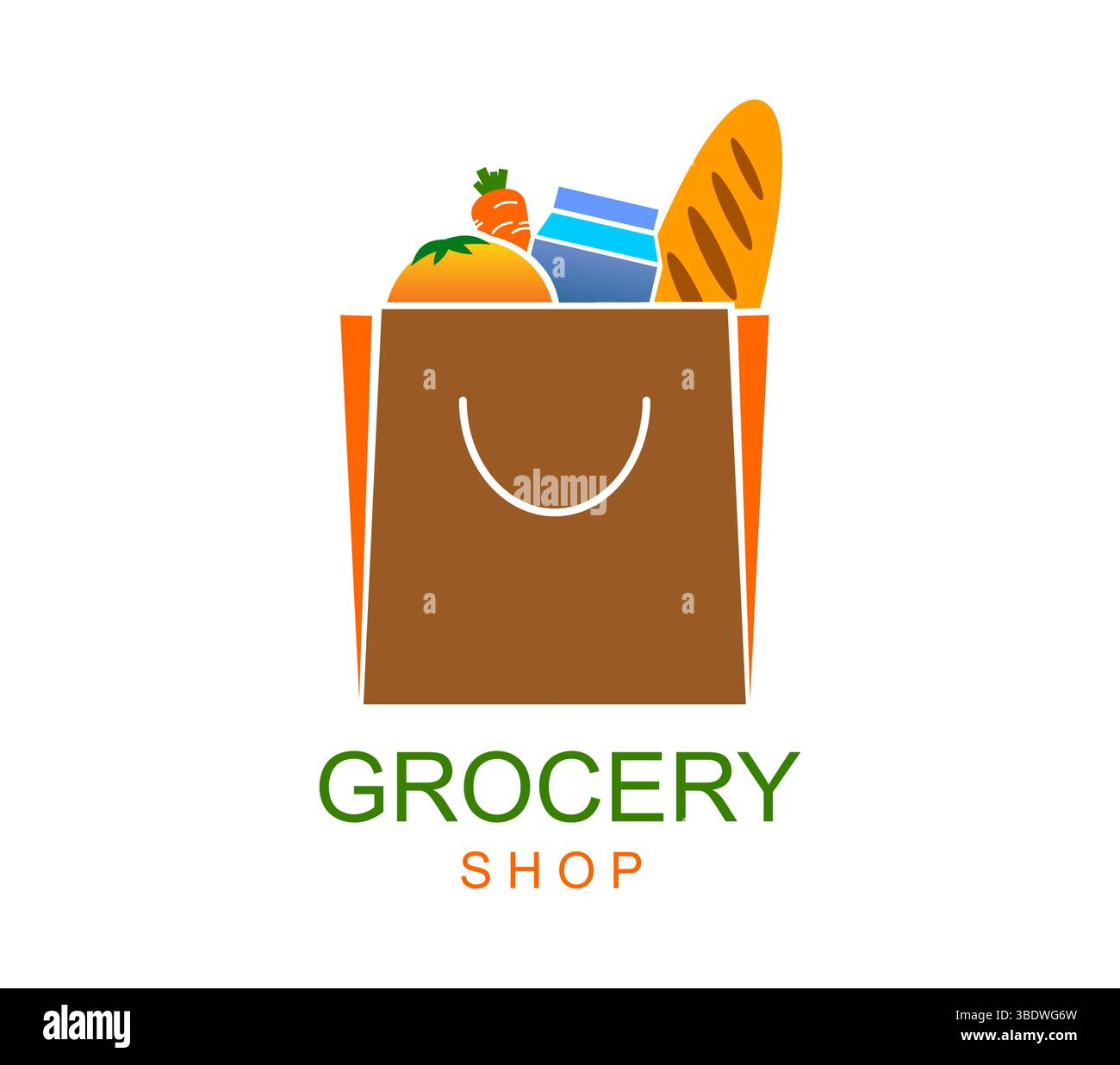 Icône d'épicerie du sac en papier d'achat avec des produits alimentaires pour le supermarché, signe vectoriel. Épicerie ou magasin de marché agricole emblème de sac avec pain baguette, paquet de lait, fruits et légumes Illustration de Vecteur