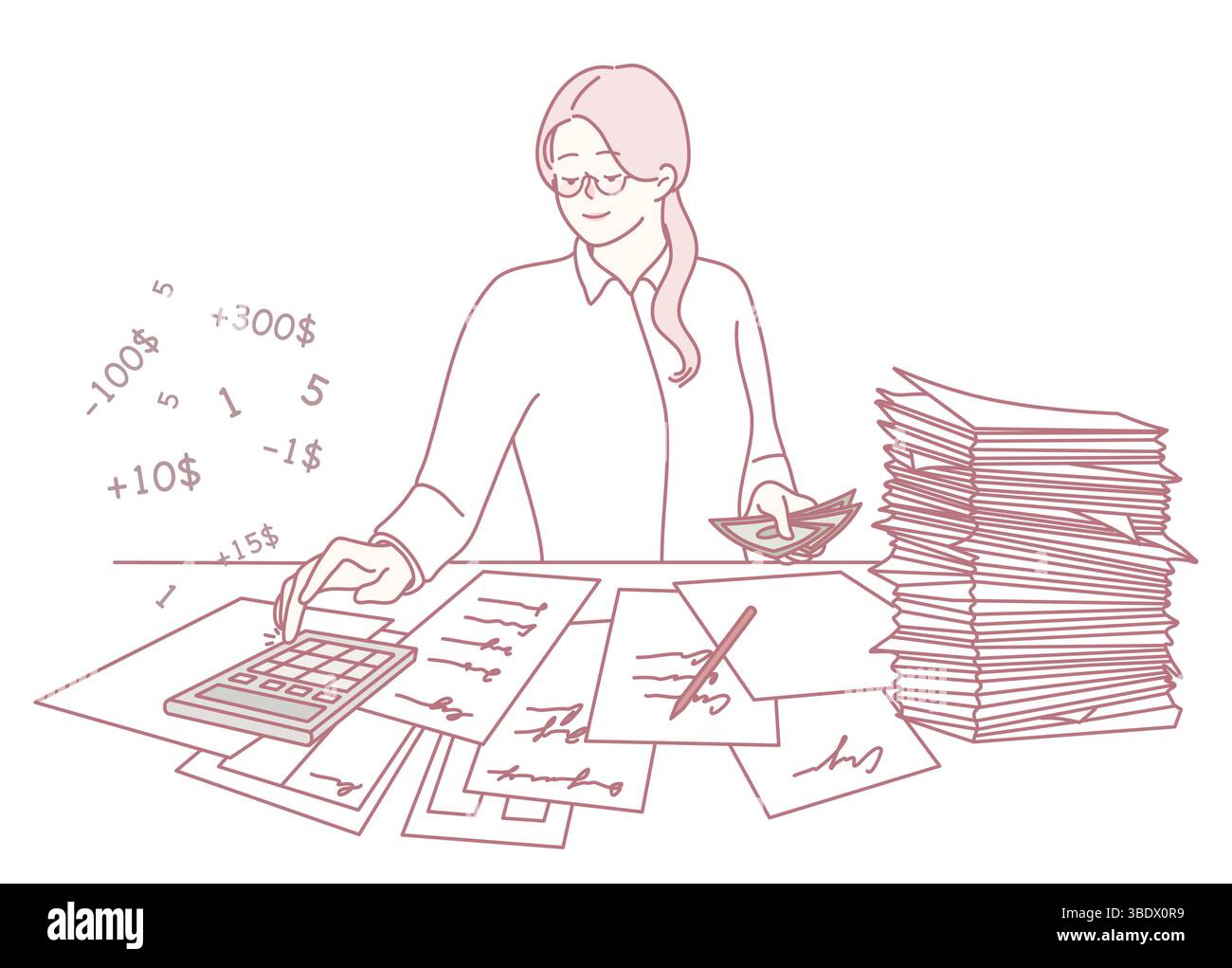 Une illustration d'une femme calculant des données financières complexes parmi la paperasse et une calculatrice, montrant son dévouement Illustration de Vecteur