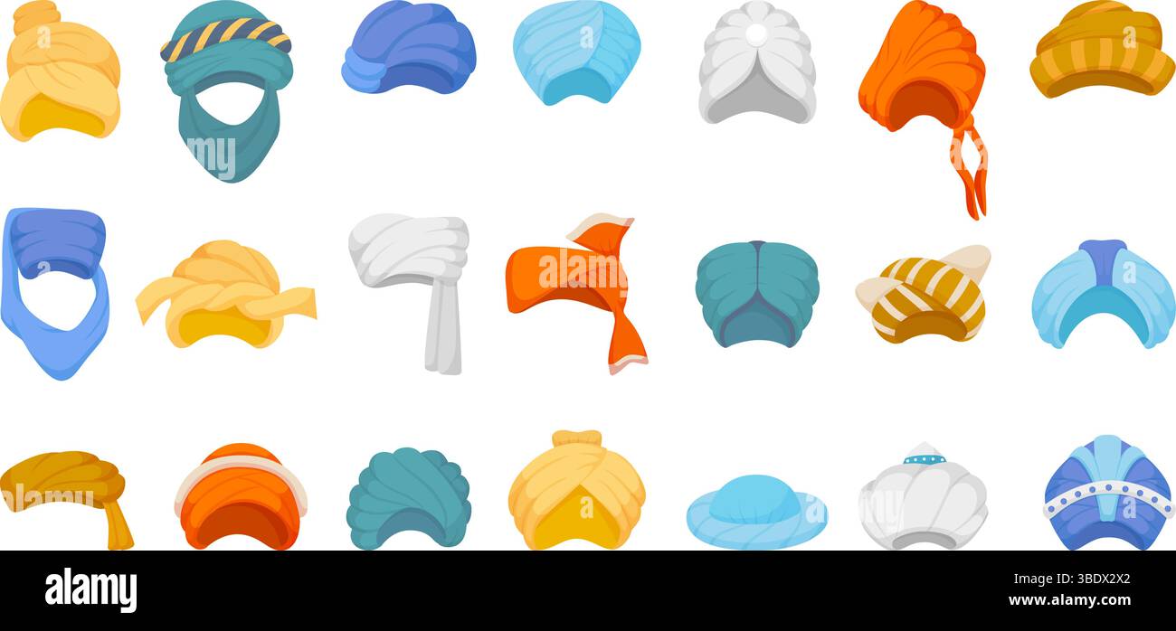 Turbans de dessin animé. Turban oriental isolé, coiffe musulmane de dessin animé. Sultan ou accessoires de costume religieux, coiffes traditionnelles, vecteur néotérique Illustration de Vecteur
