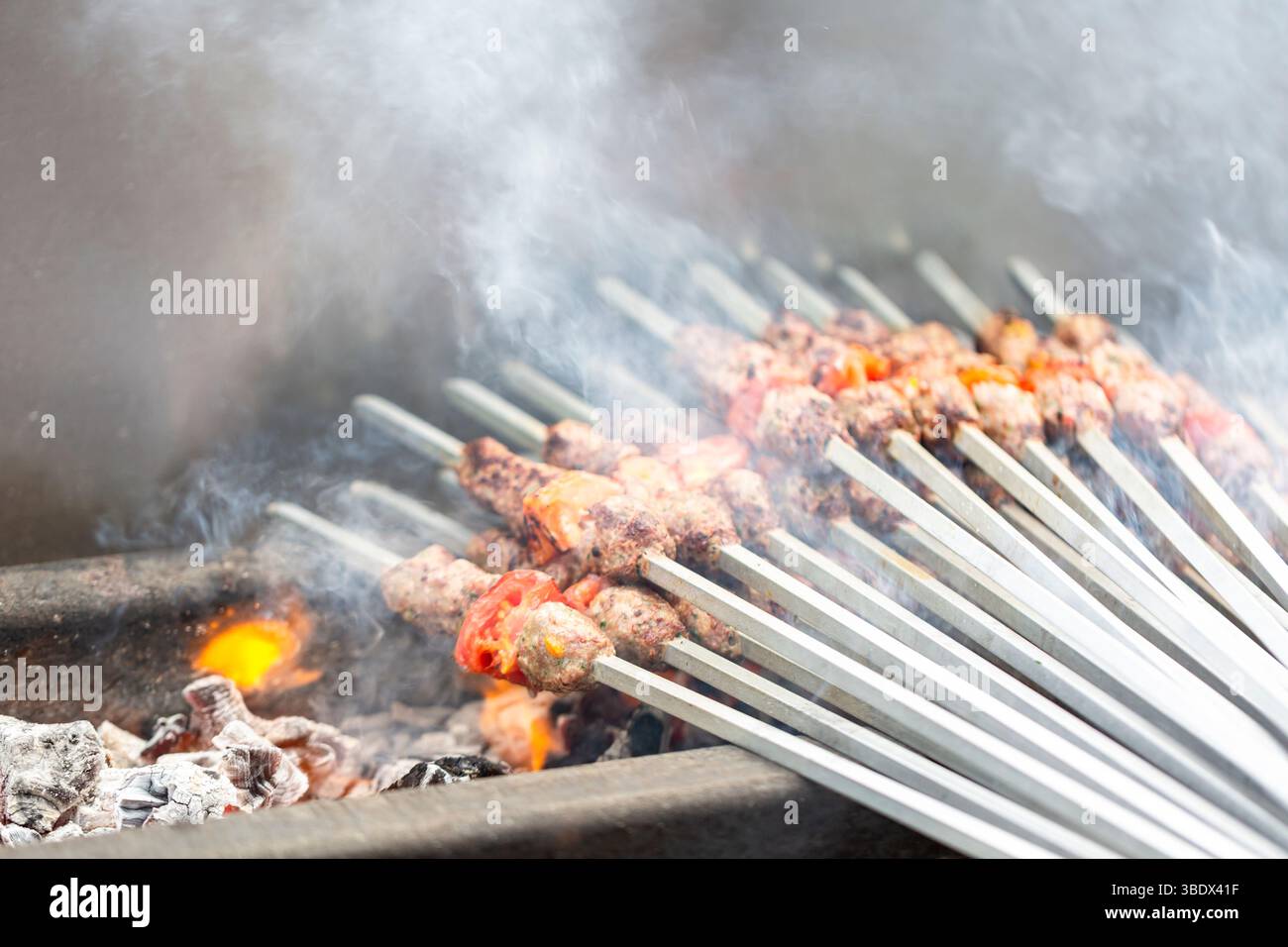 Kebab gril au charbon de bois – authentique style Street Food du moyen-Orient Banque D'Images