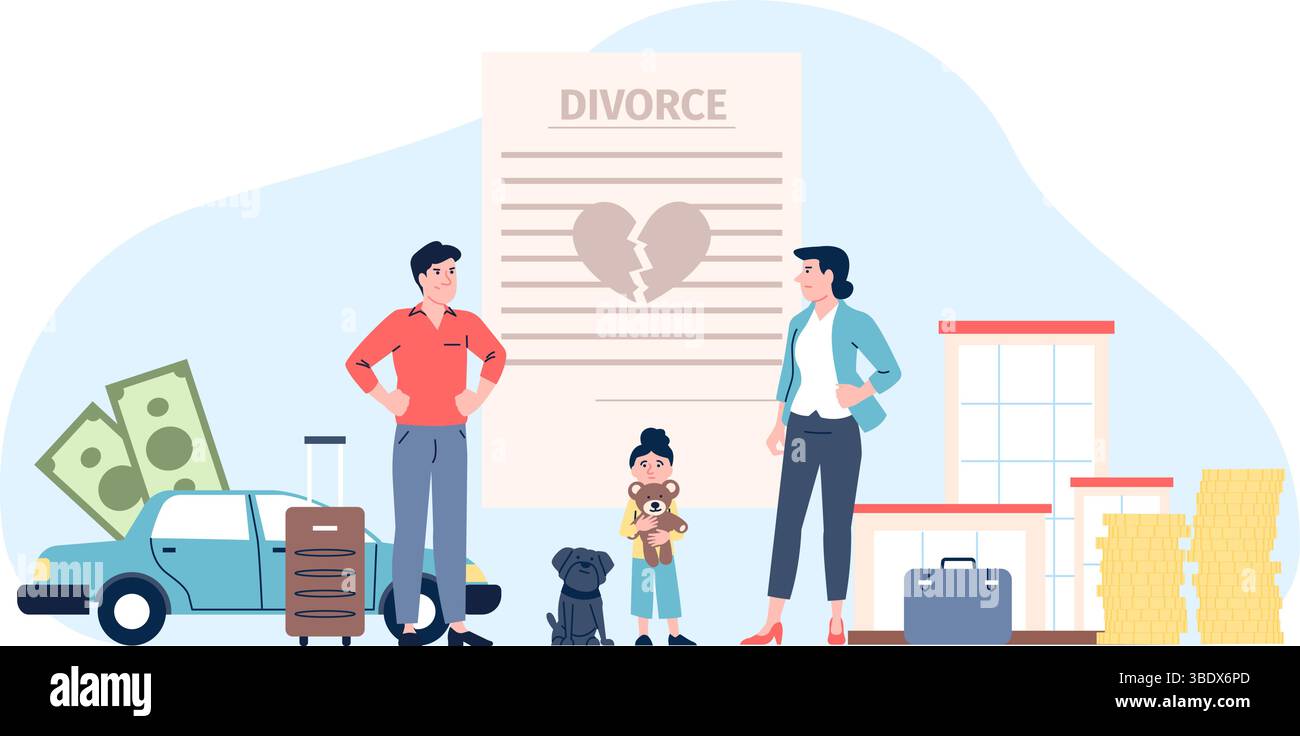 Concept de divorce. Couple de famille divisant maison, voiture, meubles, animal de compagnie et enfant. Problèmes de mariage, fin de relation, scène vectorielle récente plate Illustration de Vecteur
