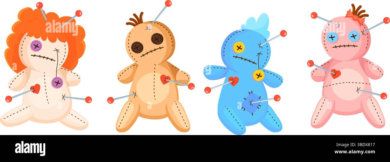 Poupées vaudou. Poupée effrayante sorcière avec coeur rouge, marionnette effrayante de dessin animé magique d'halloween avec ensemble d'aiguilles, illustration vectorielle illustration originale Illustration de Vecteur