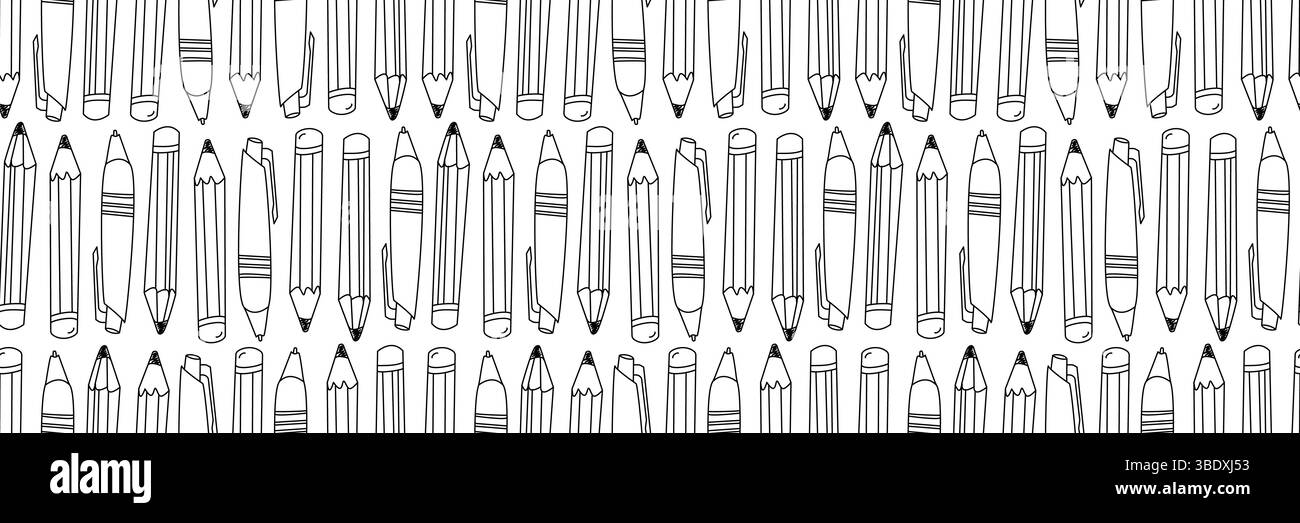 Stylos et crayons motif sans couture. Une illustration de contour de stylos et de crayons. Un fond d'école noir et blanc. Concept de créativité. Illustration de Vecteur