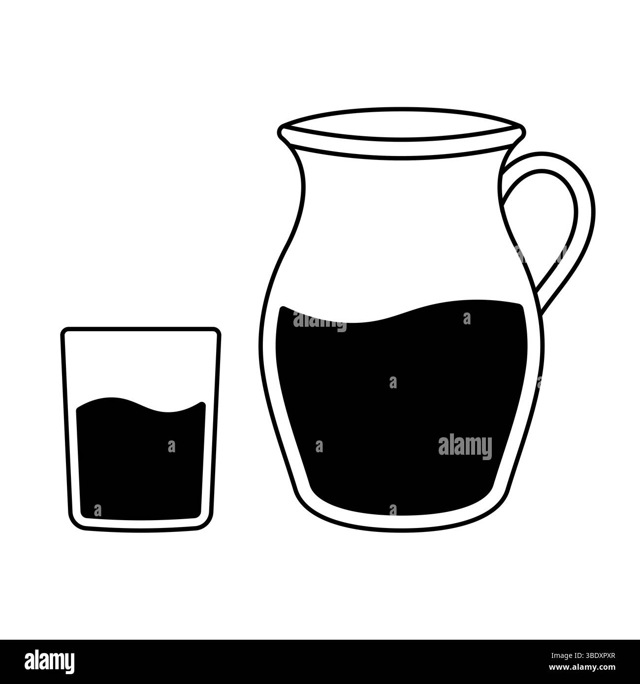 Pichet et verre avec Silhouette liquide. Un grand pichet et un verre à boire, tous deux partiellement remplis de liquide. Illustration de Vecteur