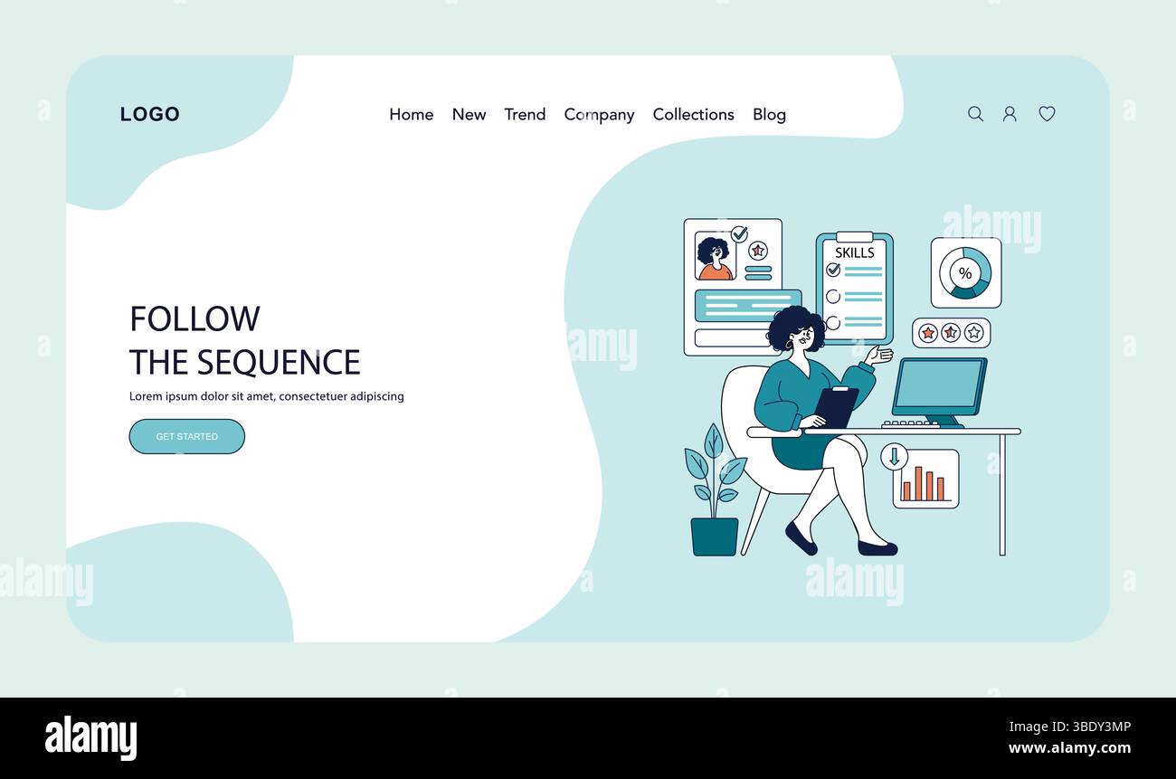 Illustration vectorielle montrant une personne analysant des données de compétences numériques sur un ordinateur. Présentant des graphiques, des profils et des listes de contrôle des compétences, cette image est idéale pour les thèmes de la technologie et de l'éducation. Illustration de Vecteur