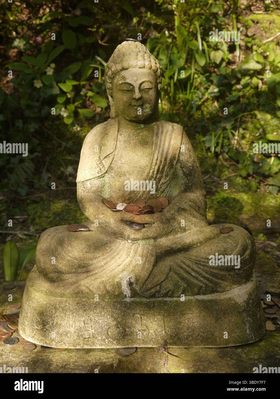 26 mars 2025 : une figure de Bouddha méditante ornée de pièces de monnaie dans le jardin japonais, St Mawgan, Cornouailles. Banque D'Images