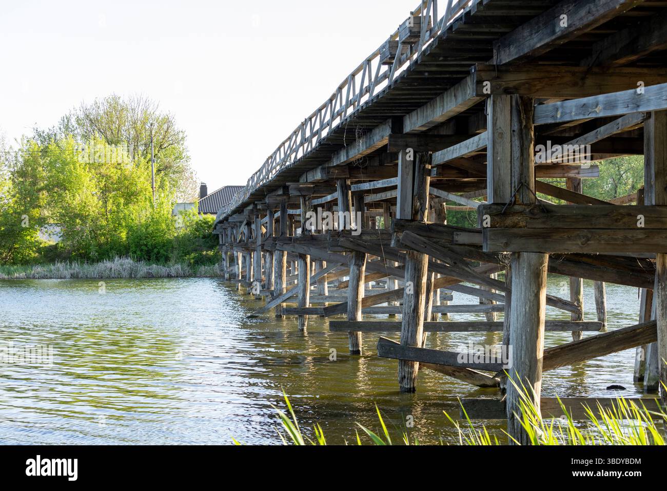 Un charmant pont piétonnier en bois s'étend sur la rivière, ses planches altérées offrant un chemin rustique à travers la nature. Le flux serein du ri Banque D'Images