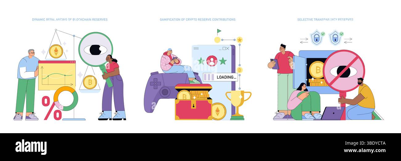 Illustrations vectorielles illustrant le rééquilibrage dynamique des réserves de blockchain, la gamification des contributions aux réserves de crypto-monnaies et la transparence sélective. Les personnes interagissant avec les concepts et les périphériques de blockchain. Illustration de Vecteur