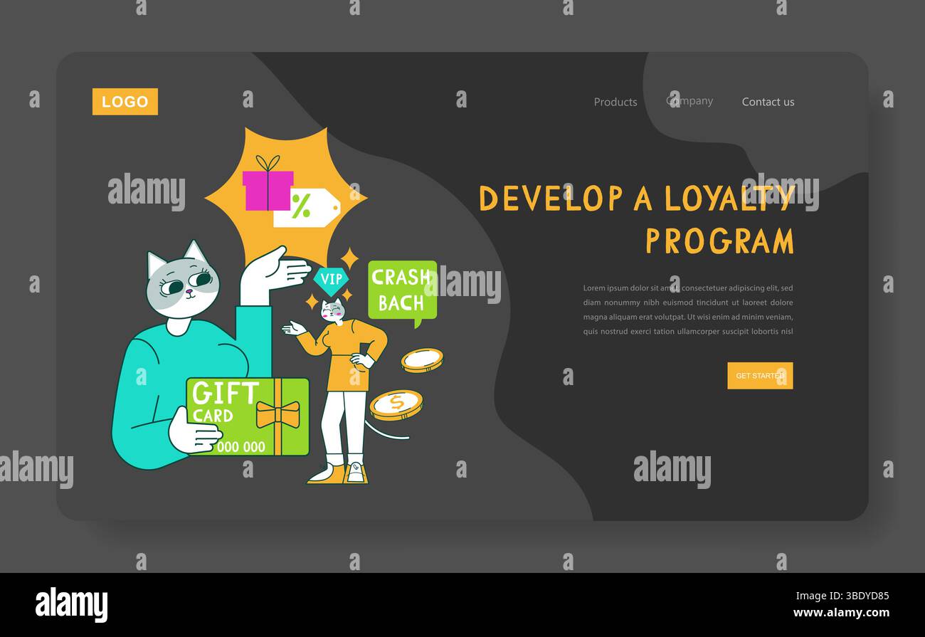 Catalogue outils marketing Illustration met l'accent sur le développement d'un programme de fidélisation mettant en vedette un personnage de chat faisant la promotion de cartes-cadeaux et de cashbacks. Représentation visuelle attrayante des stratégies marketing. Illustration vectorielle. Illustration de Vecteur