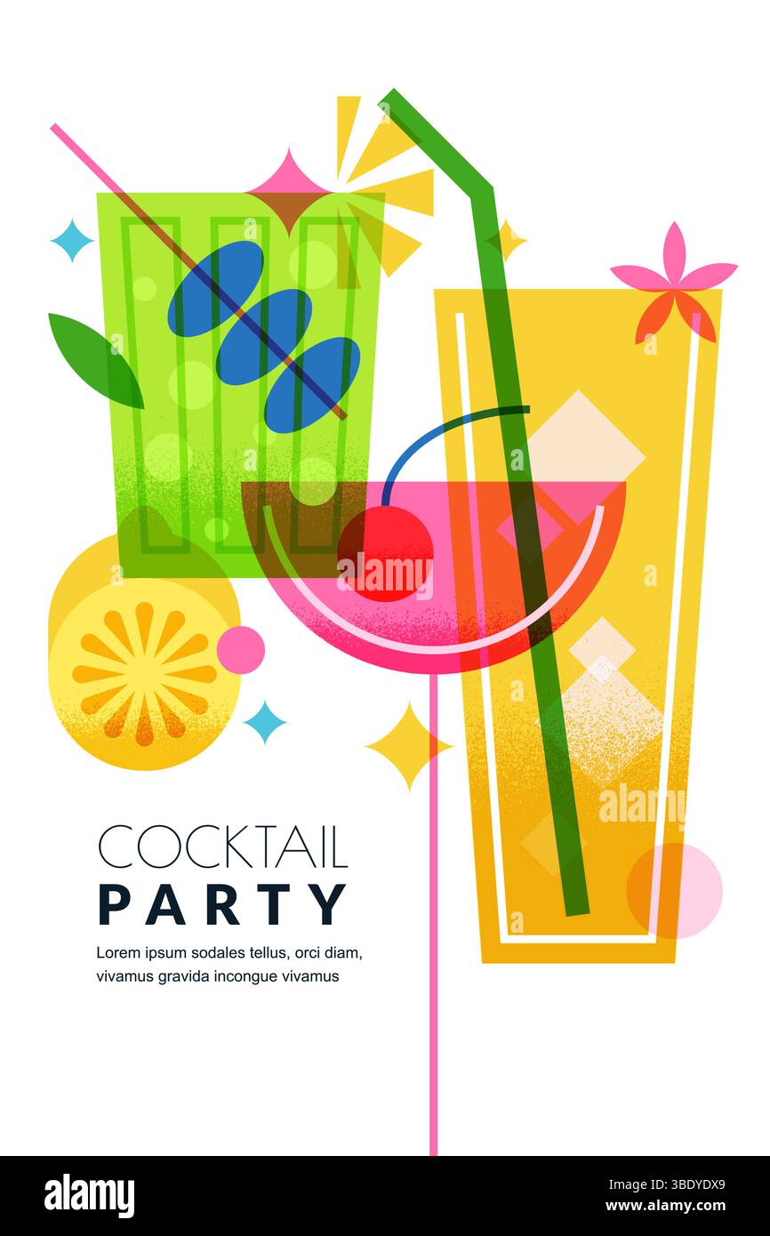 Design vectoriel vertical coloré d'affiche de soirée cocktail avec trois boissons festives. Disposition géométrique abstraite pour menu de bar, flyer de célébration, événement bann Illustration de Vecteur