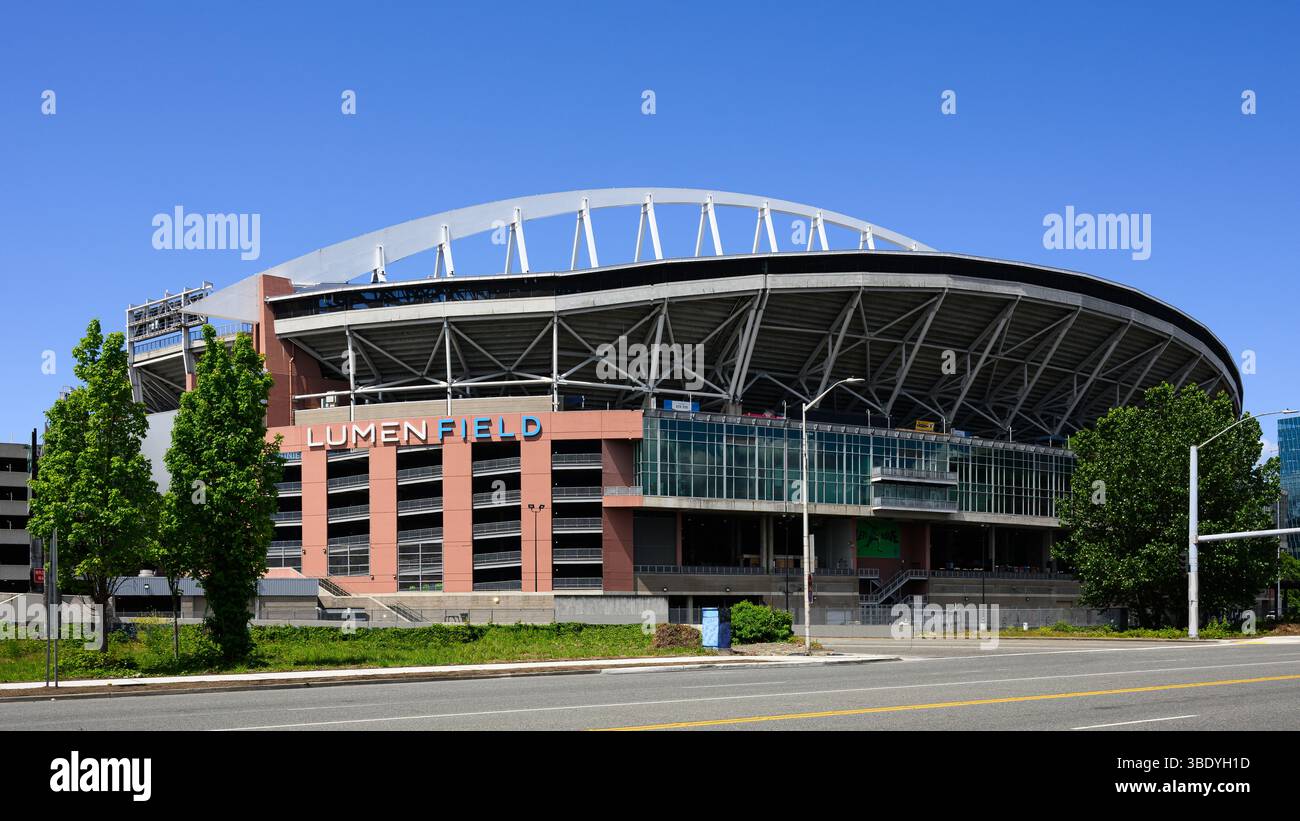 Seattle - 18 mai 2025 ; stade Lumen Field, stade multi-usage avec panneau de sponsor Banque D'Images