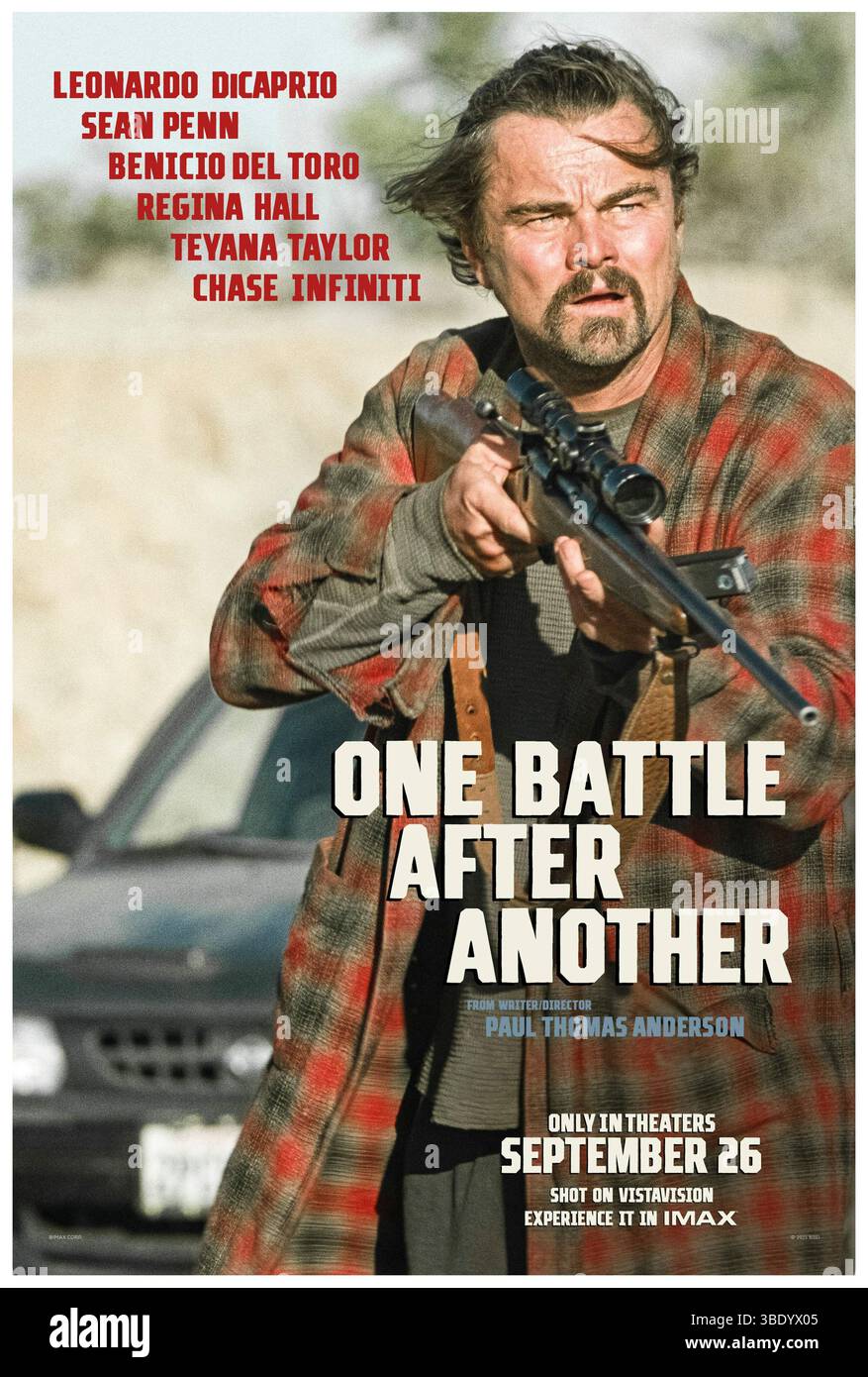 One Battle After Another (2025) réalisé par Paul Thomas Anderson et mettant en vedette Leonardo DiCaprio, Benicio Del Toro et Sean Penn. Quand leur ennemi maléfique refait surface après 16 ans, un groupe d'ex-révolutionnaires se réunit pour sauver la fille de l'un des leurs. Affiche avancée AMÉRICAINE UNIQUEMENT POUR USAGE ÉDITORIAL. Crédit : BFA / Warner Bros Banque D'Images