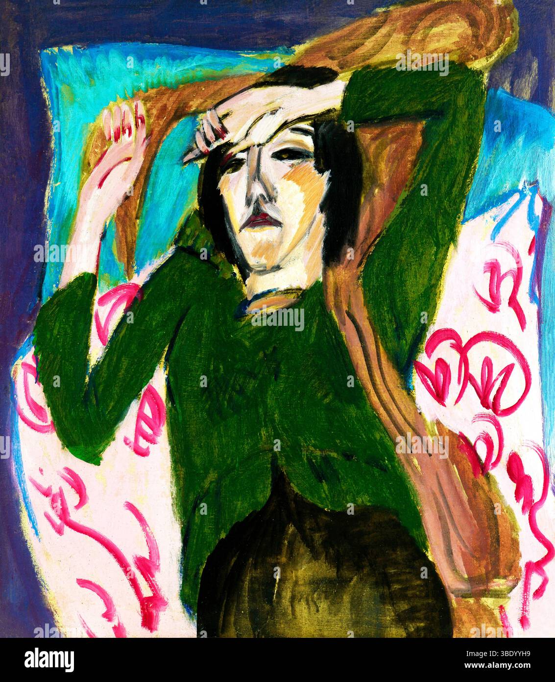 Le portrait expressif de Kirchner de 1912-1913 capture une femme dans une blouse verte avec des lignes audacieuses, un regard intense et des couleurs vives dans les premiers jours allemands Expres Banque D'Images Le portrait expressif de Kirchner de 1912-1913 capture une femme dans une blouse verte avec des lignes audacieuses, un regard intense et des couleurs vives dans les premiers jours allemands Expres Banque D'Images