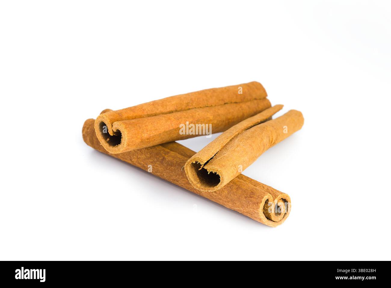 Gros plan de fragments d'écorce de cannelle répartis sur un fond blanc, mettant en valeur leurs formes organiques, leurs surfaces texturées et leurs teintes terreuses, idéales pour c Banque D'Images