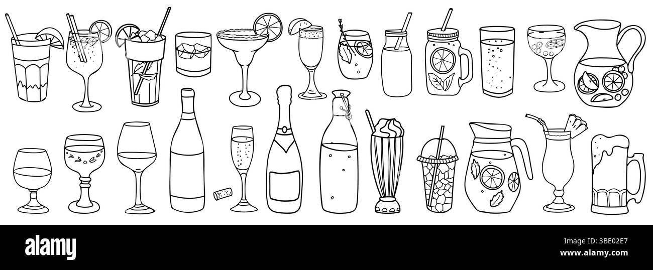 Ensemble de boissons. Cocktails, vin, bière et whisky. Limonade, milkshake, eau, soda, thé glacé et Smoothie. Illustration vectorielle dessinée à la main dans le style Doodle Illustration de Vecteur