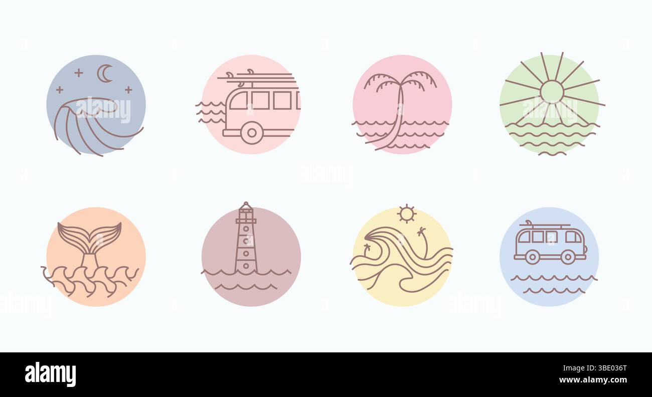 Line Surfing art minimaliste badge simple. Océan tropical, illustrations vectorielles de la mer sur les vacances, l'hôtel, la vie insulaire. Illustration de Vecteur