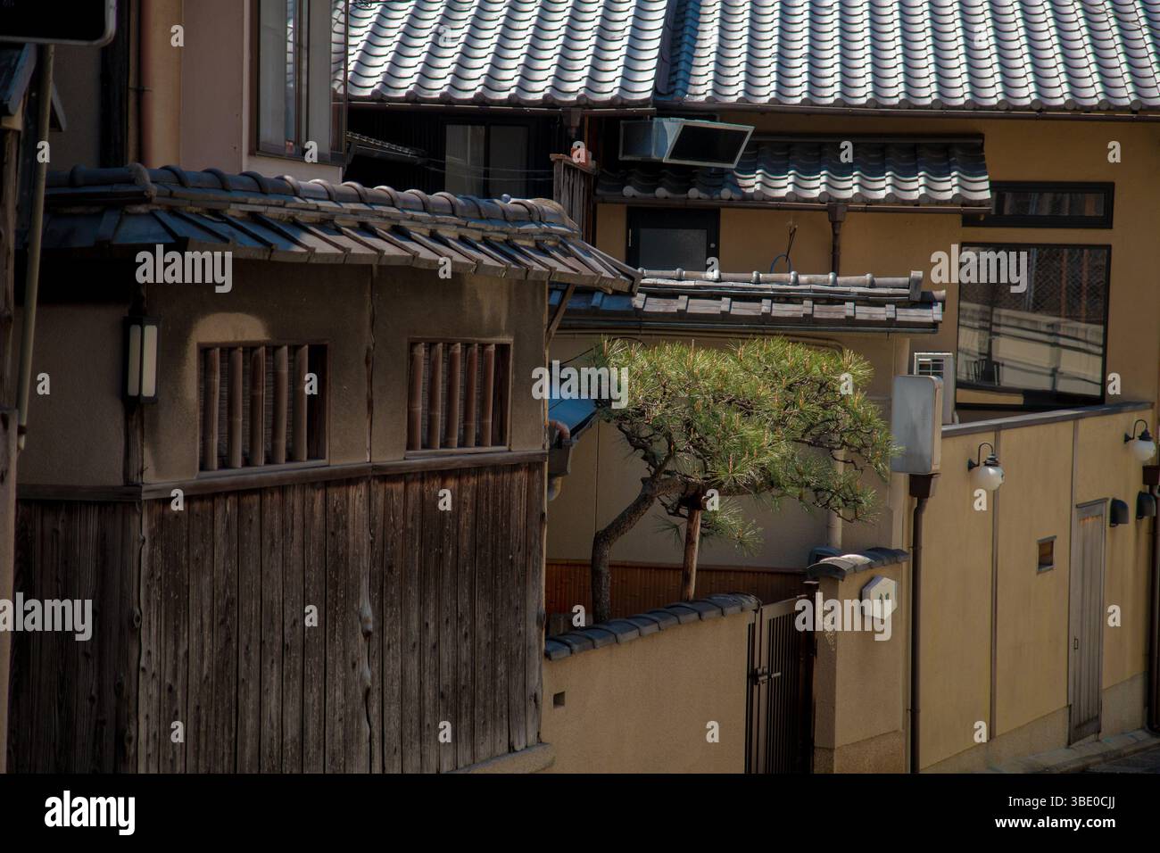Quartier traditionnel de la maison de thé de Kyoto avec des façades en bois et un panneau de quartier geisha, situé le long d'une ruelle tranquille au printemps Banque D'Images
