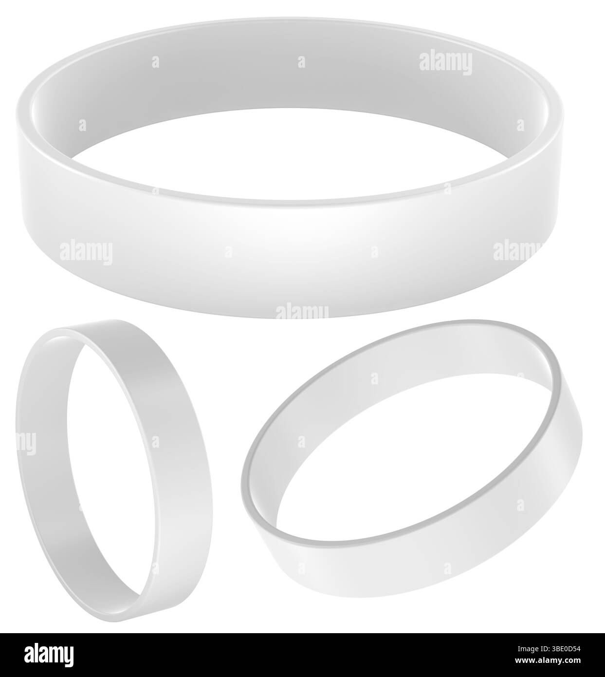 Bracelets en silicone, couleur blanche, maquette de montage. Angles multiples. Rendu 3D isolé sur fond blanc Banque D'Images