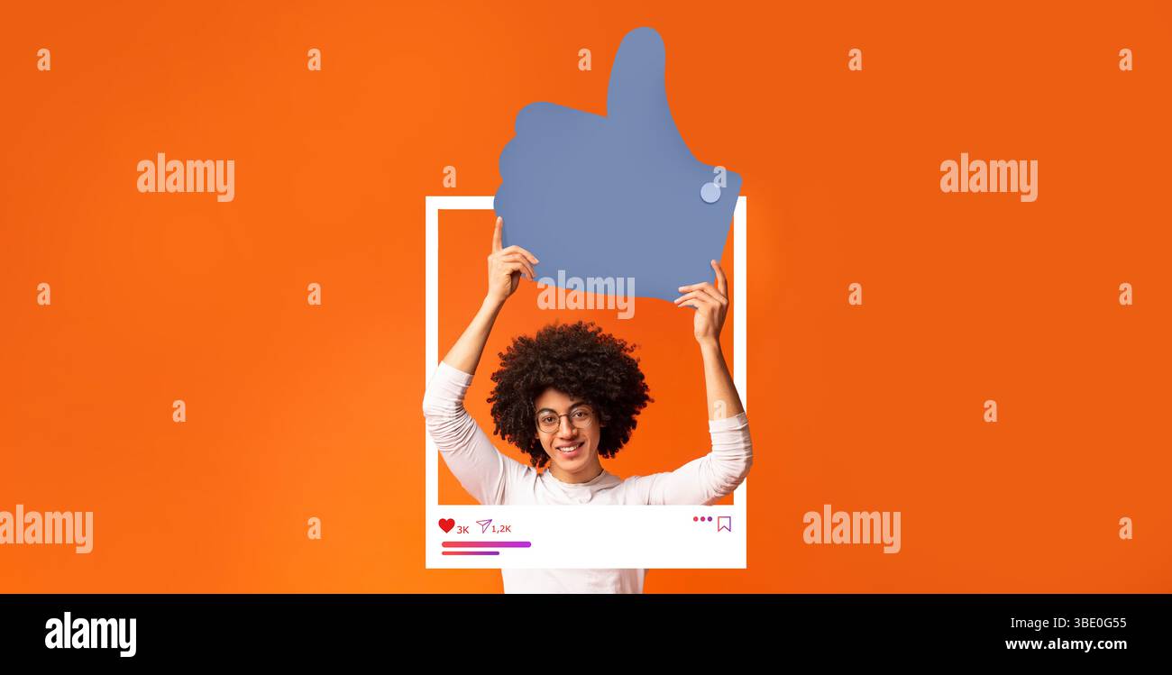 L'influence engageante met en valeur la connexion Thumbs Up dans un collage dynamique de médias sociaux Banque D'Images