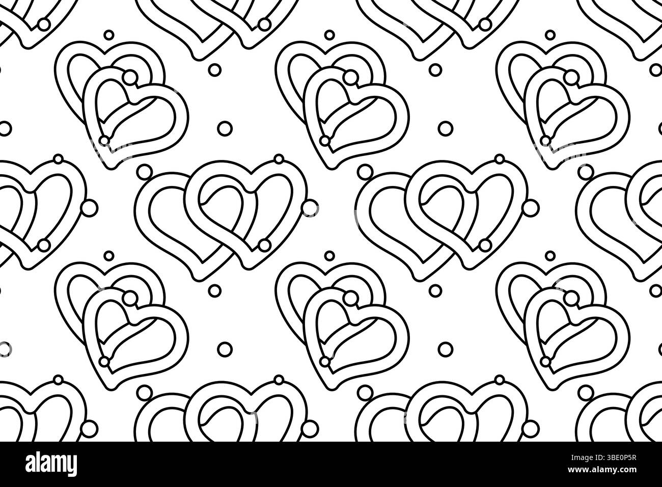 Modèle sans couture, page à colorier avec des coeurs imbriqués avec des points de confettis. Arrière-plan abstrait. Pour divertir les enfants, Vale romantique noir et blanc Illustration de Vecteur