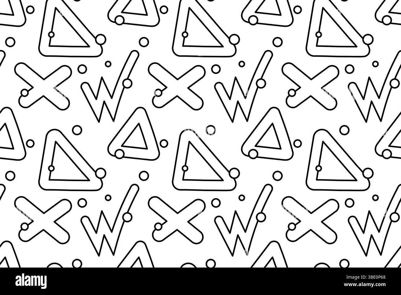 Modèle sans couture, page à colorier avec triangle doodles, croix, points de confettis et formes W. Fond géométrique abstrait. Pour divertir les enfants, noir Illustration de Vecteur