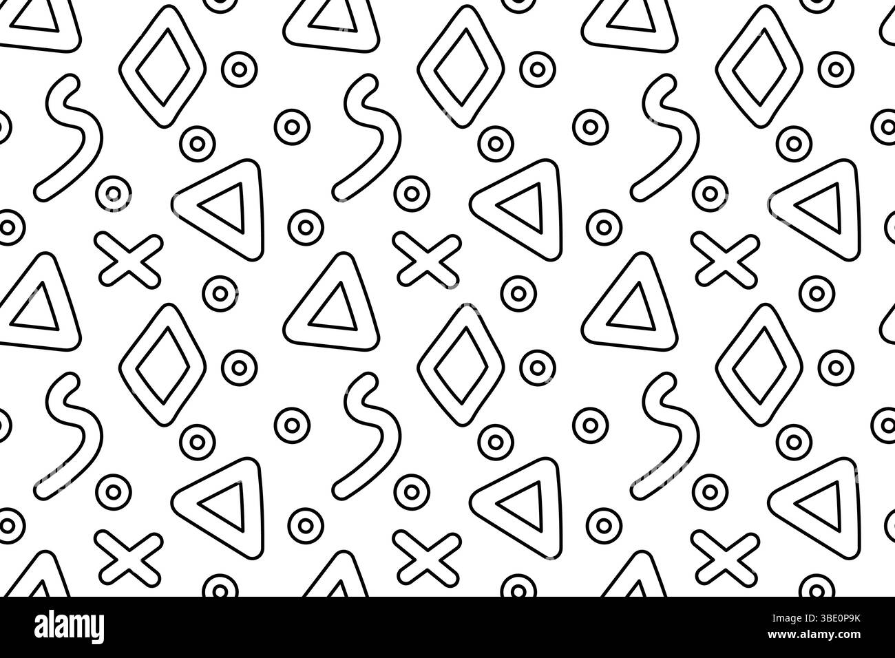 Modèle sans couture, page de coloriage avec des formes géométriques abstraites comme des triangles, des anneaux, des losanges et des lignes de vagues. Pour divertir les enfants, noir et blanc Illustration de Vecteur