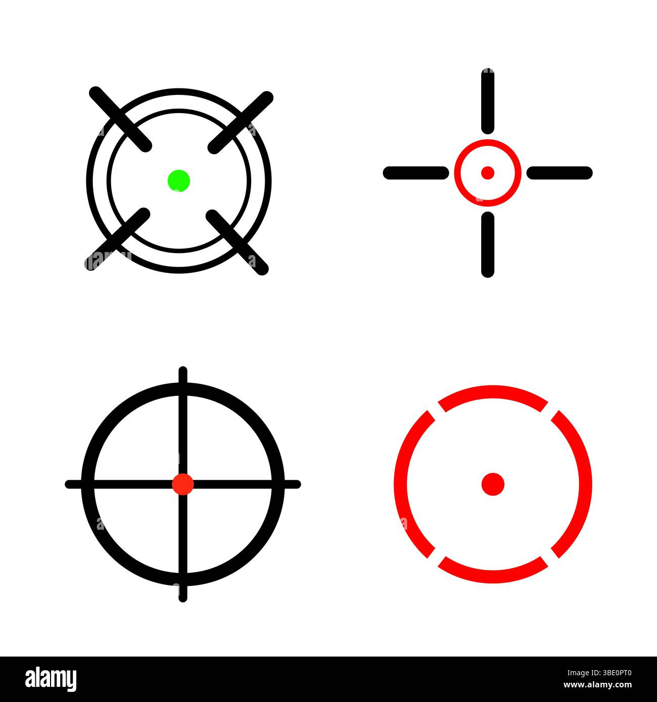Icônes de cible de réticule. Points rouges verts. Lignes vectorielles rouges noires. Formes de visée circulaires. Illustration de Vecteur