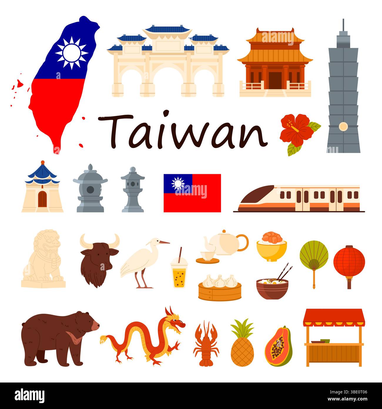 Voyage à Taiwan Set avec titre. Carte avec drapeau taïwanais et hibiscus, temple Confucius et tour de Taipei, ancienne pagode et nourriture de marché de rue, lanterne rouge et illustration vectorielle de dessin animé de dragon Illustration de Vecteur