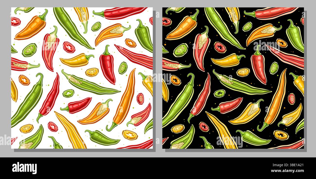 Vector Chili Pepper Seamless pattern, 2 fonds avec illustration de pièces entières volantes et piment pour nappe, affiche carrée avec plat à chaud Illustration de Vecteur